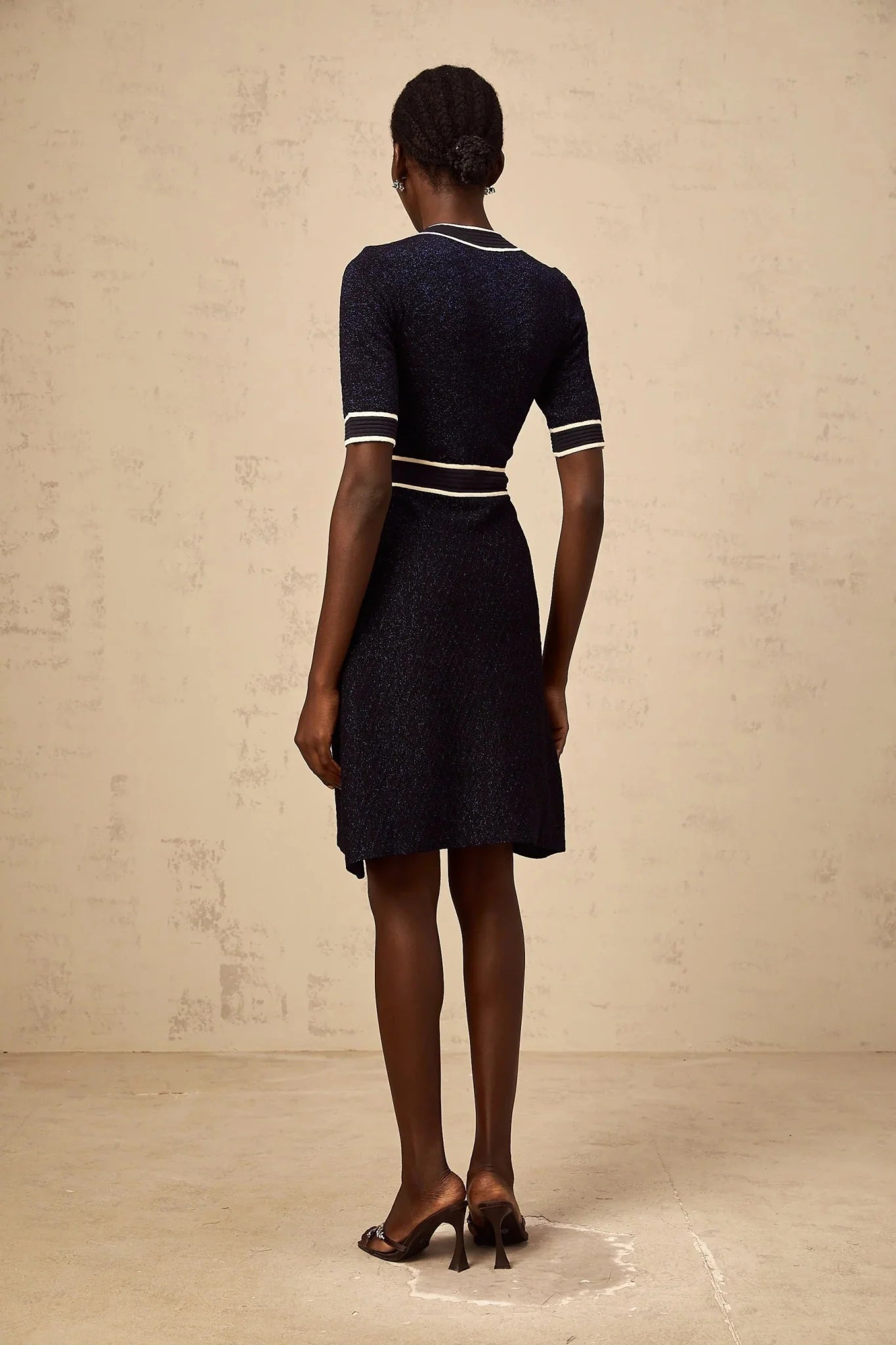 Raffaella Mini Dress Navy Blue Glitter Knit Epaulet Cinched Waist Gold Buttons
