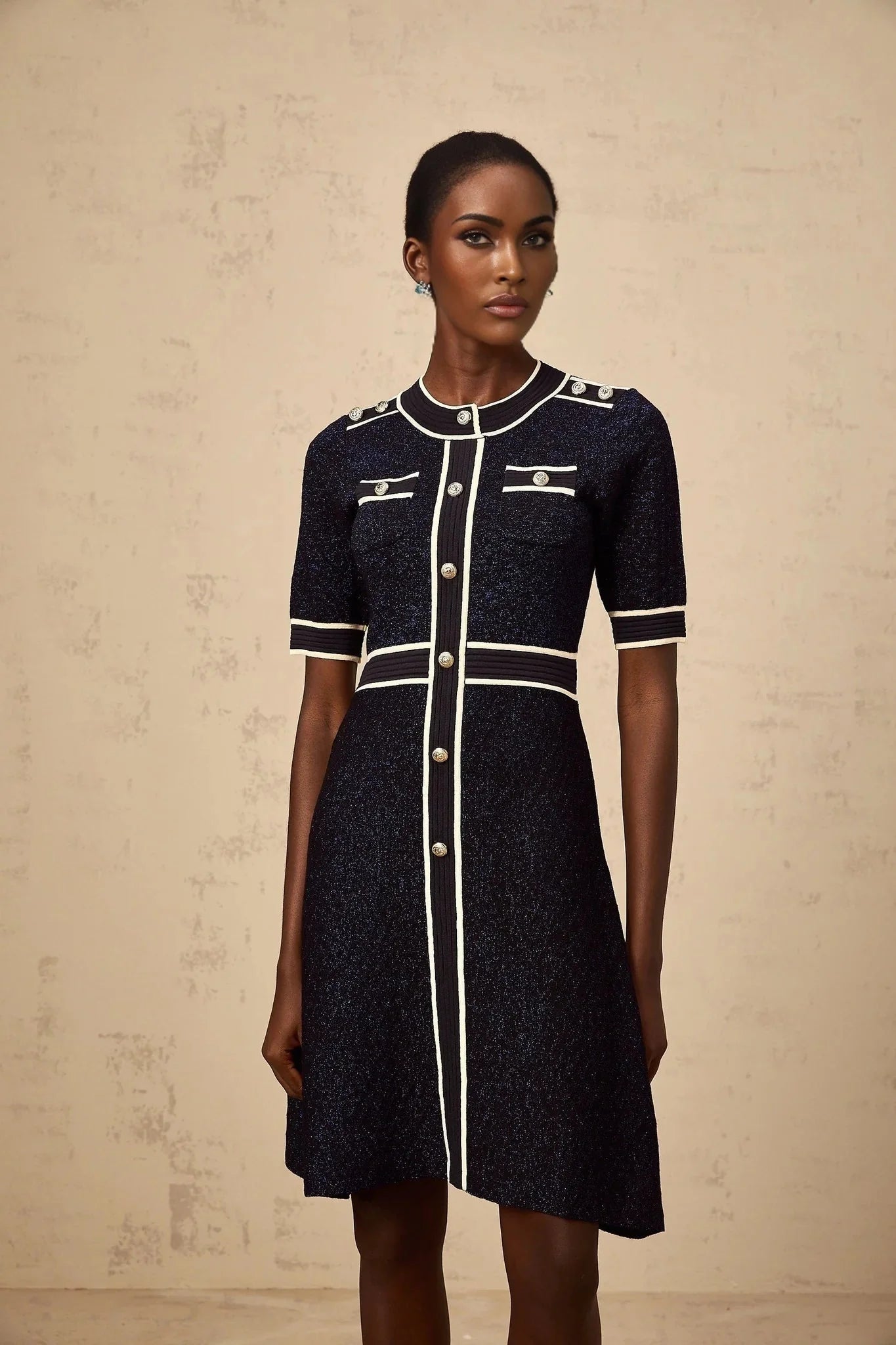 Raffaella Mini Dress Navy Blue Glitter Knit Epaulet Cinched Waist Gold Buttons