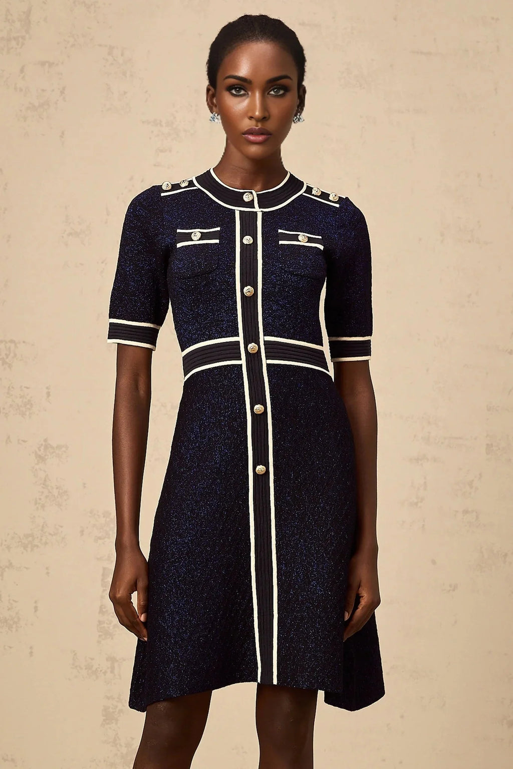 Raffaella Mini Dress Navy Blue Glitter Knit Epaulet Cinched Waist Gold Buttons