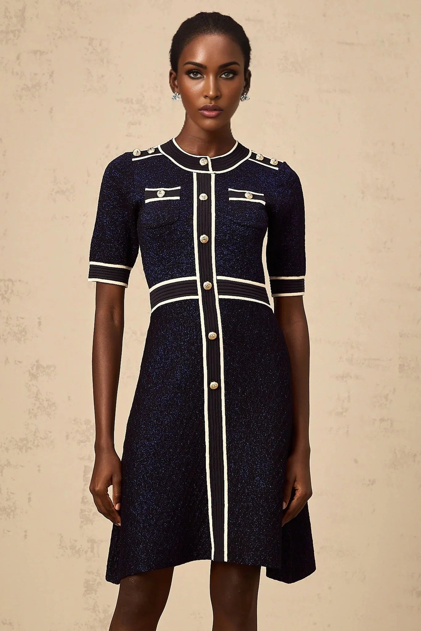 Raffaella Mini Dress Navy Blue Glitter Knit Epaulet Cinched Waist Gold Buttons