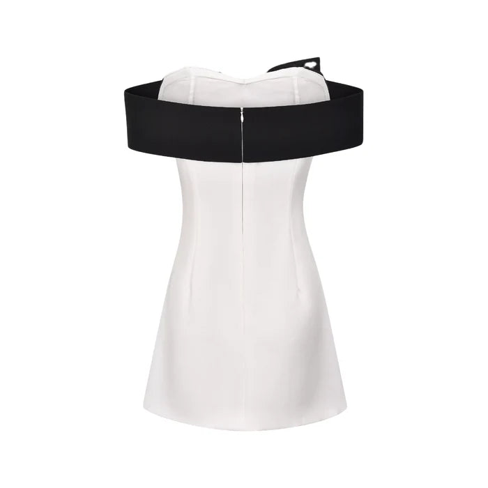 Raffaella Mini Dress White Color Block Off Shoulder Bowknot