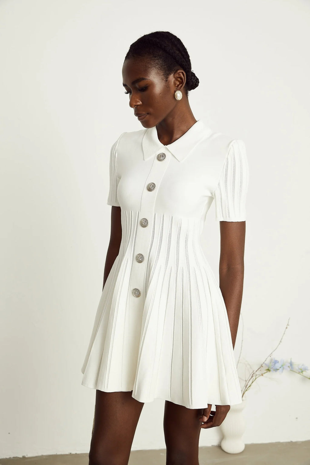 Raffaella Mini Dress with Ribbed Sleeves & Flared Skirt