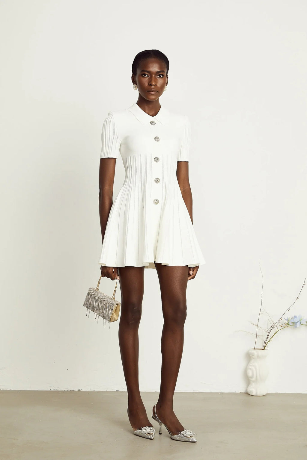 Raffaella Mini Dress with Ribbed Sleeves & Flared Skirt