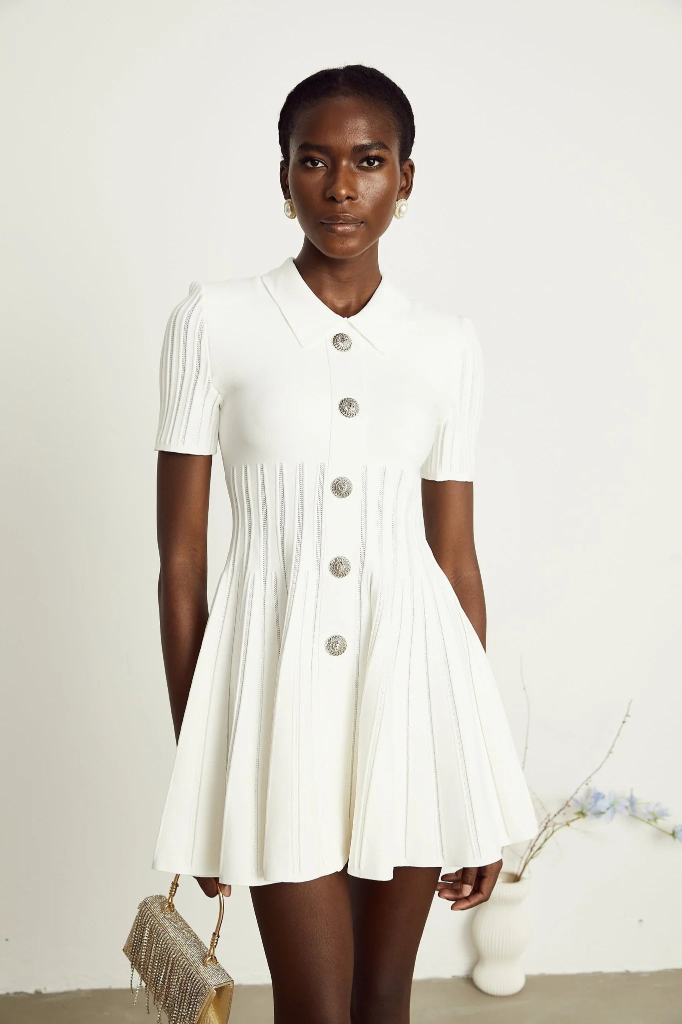 Raffaella Mini Dress with Ribbed Sleeves & Flared Skirt