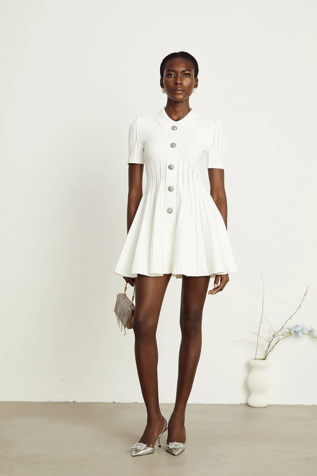 Raffaella Mini Dress with Ribbed Sleeves & Flared Skirt