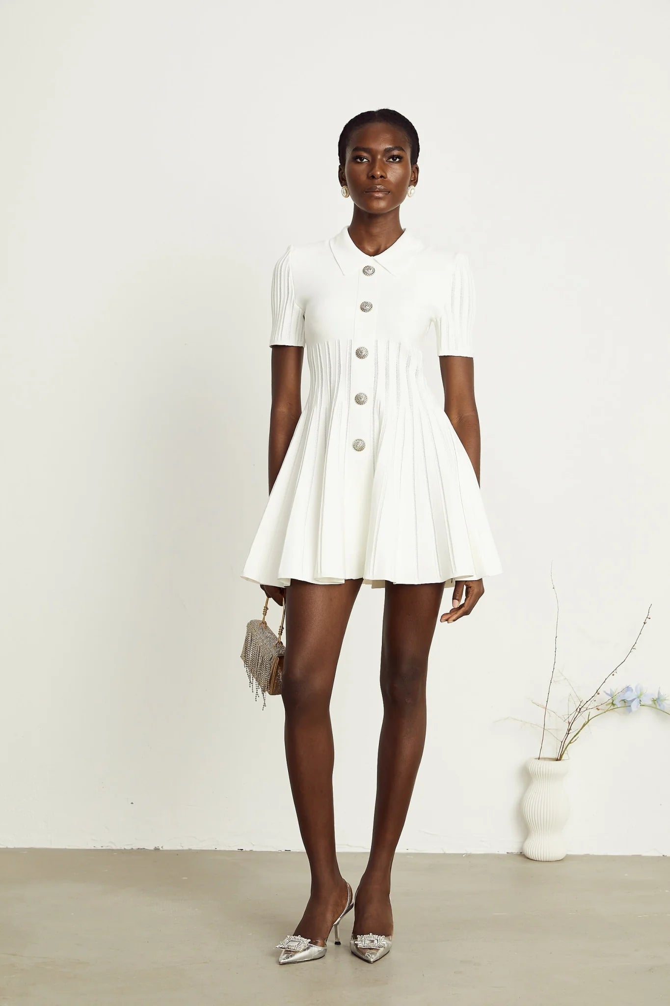 Raffaella Mini Dress with Ribbed Sleeves & Flared Skirt