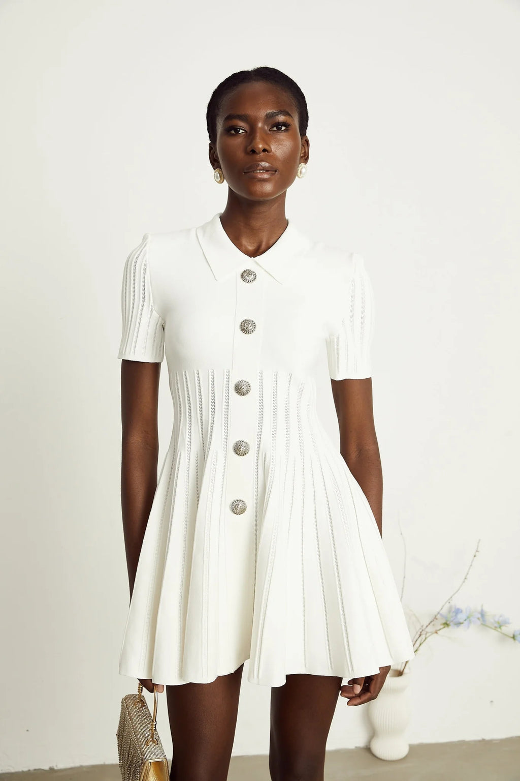 Raffaella Mini Dress with Ribbed Sleeves & Flared Skirt