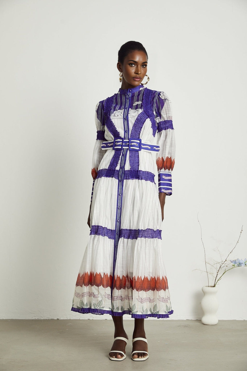 Raphaëlle Colorblock Linen Midi Dress With Belt and Pleated Detail