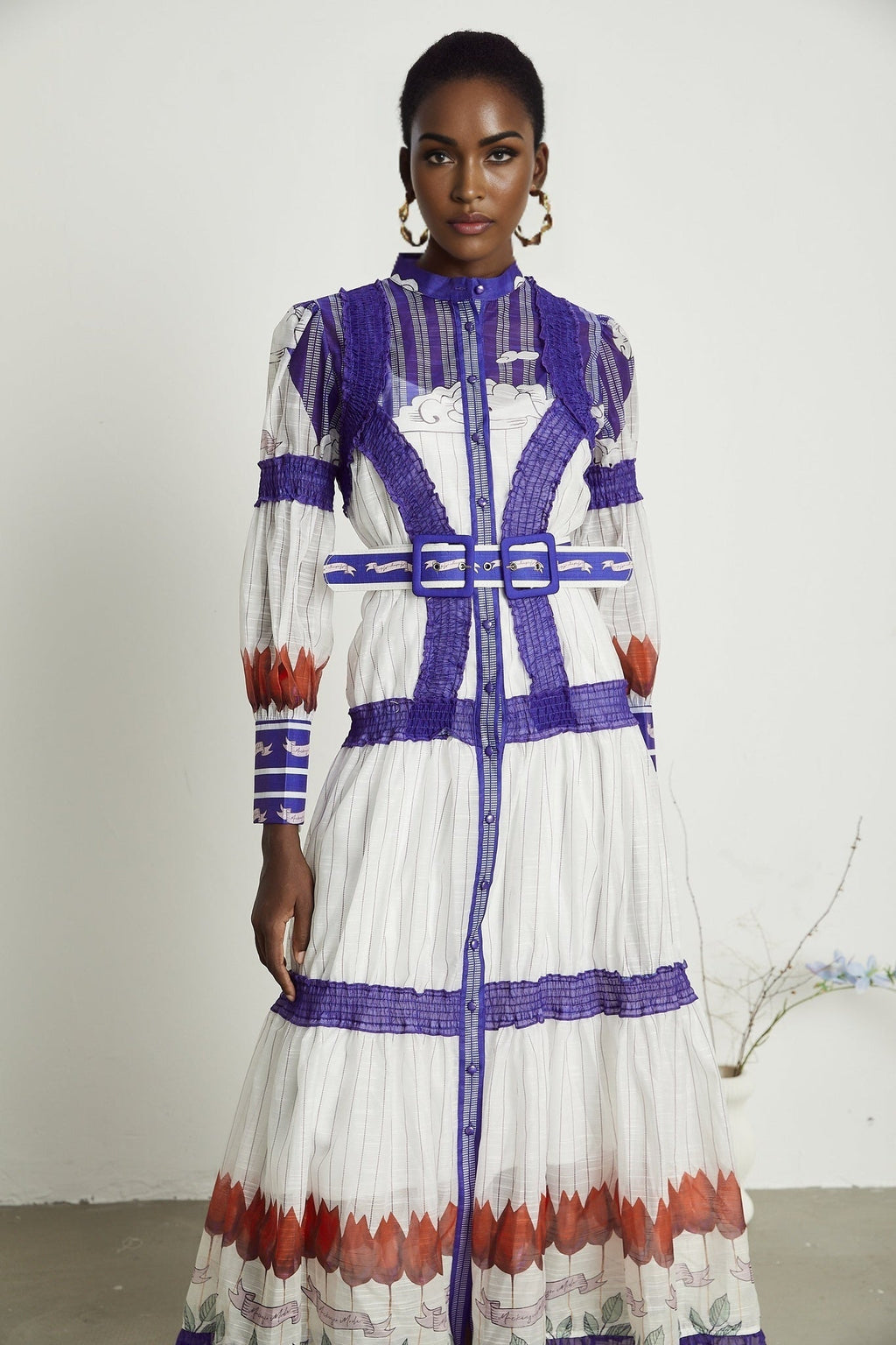 Raphaëlle Colorblock Linen Midi Dress With Belt and Pleated Detail