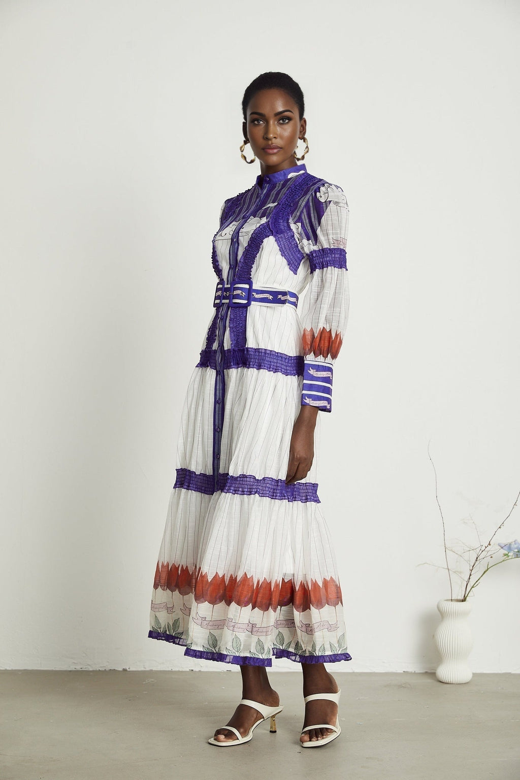 Raphaëlle Colorblock Linen Midi Dress With Belt and Pleated Detail