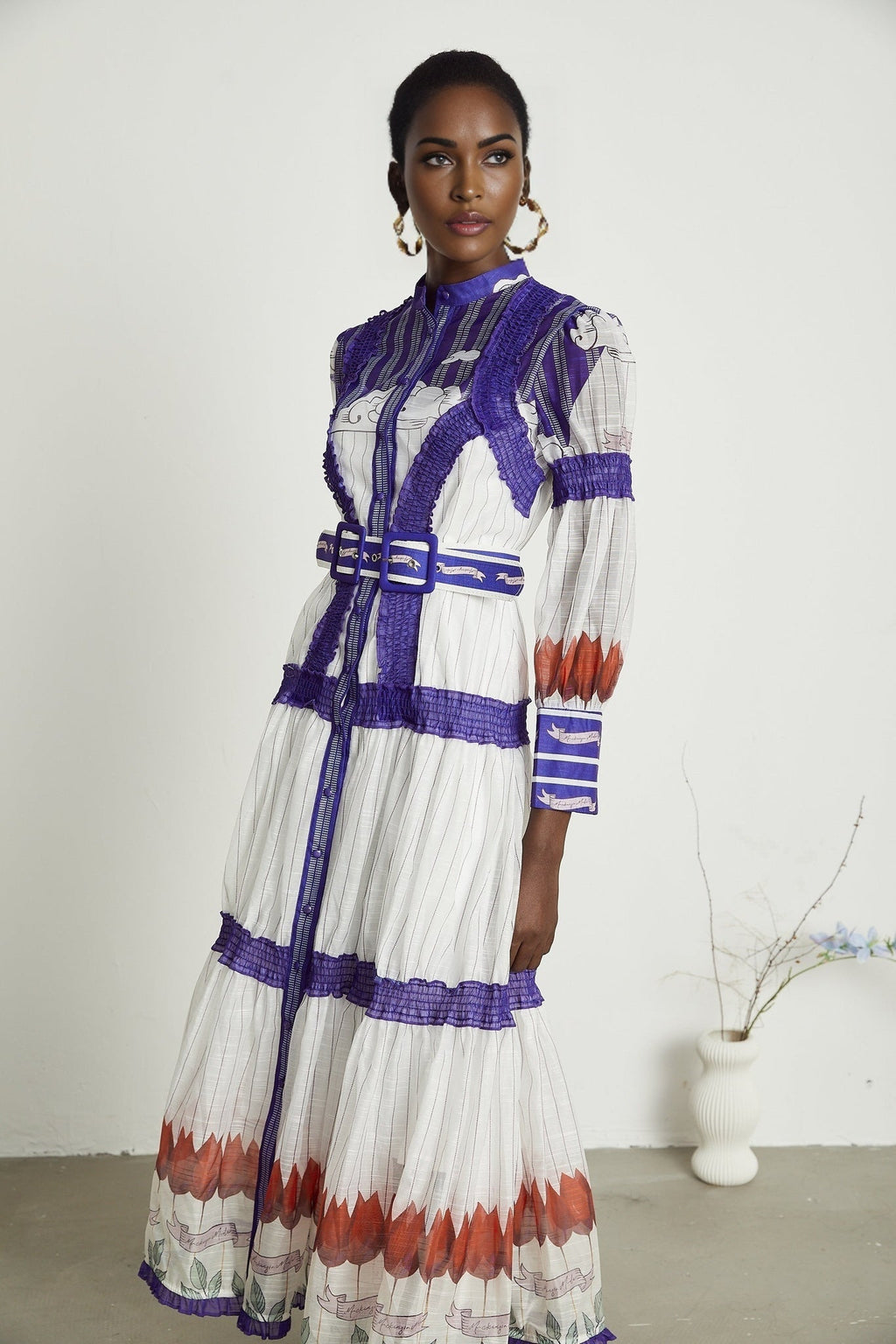 Raphaëlle Colorblock Linen Midi Dress With Belt and Pleated Detail