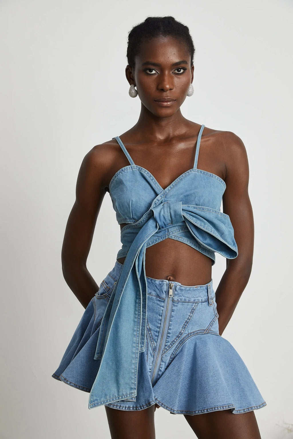 Raven Denim Top Sweetheart Bow Detail Cropped