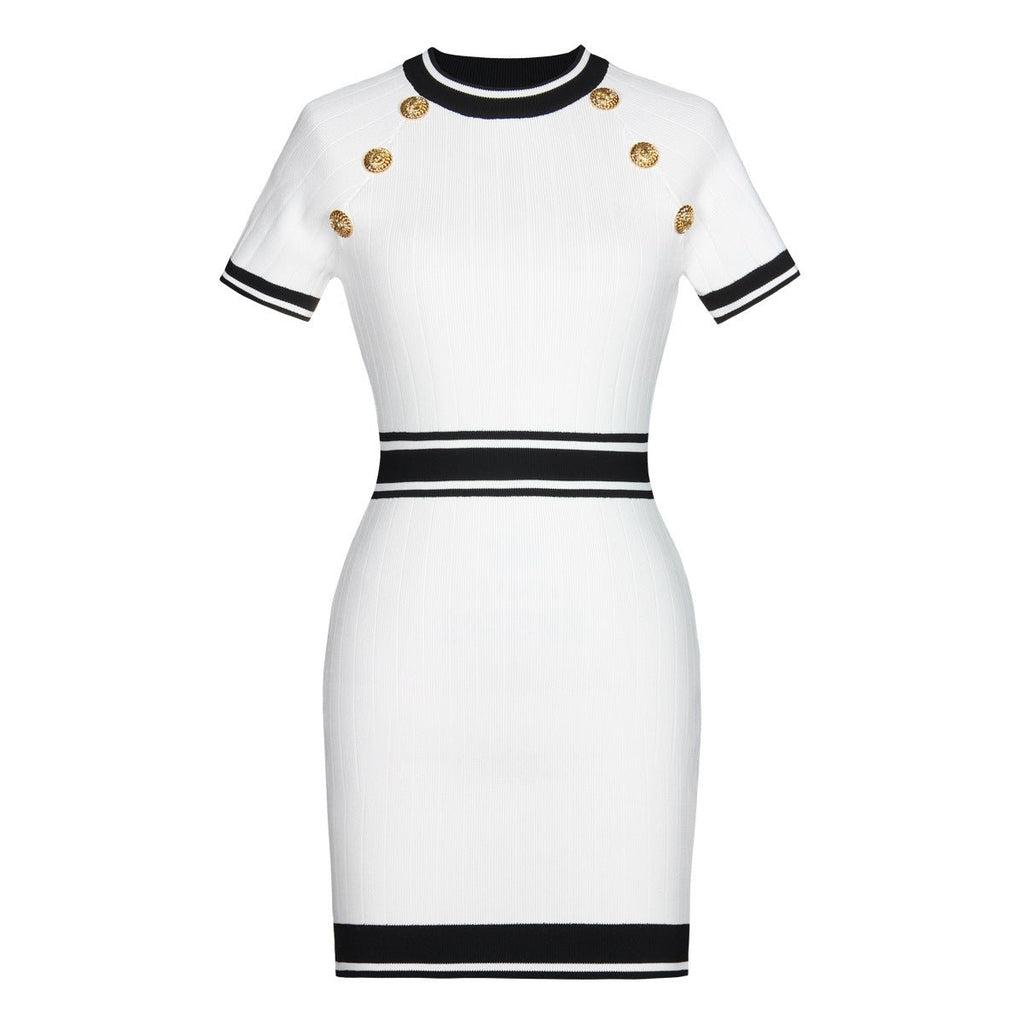 Raven Dress - Bodycon Silhouette - Nautical - Inspired Design - Stretch - Knit Sculpted Fit - Gold - Tone Embossed Buttons