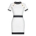 Raven Dress - Bodycon Silhouette - Nautical - Inspired Design - Stretch - Knit Sculpted Fit - Gold - Tone Embossed Buttons