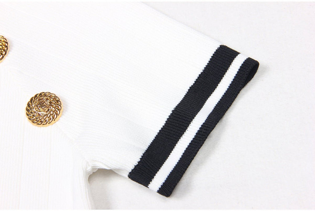 Raven Dress - Bodycon Silhouette - Nautical - Inspired Design - Stretch - Knit Sculpted Fit - Gold - Tone Embossed Buttons