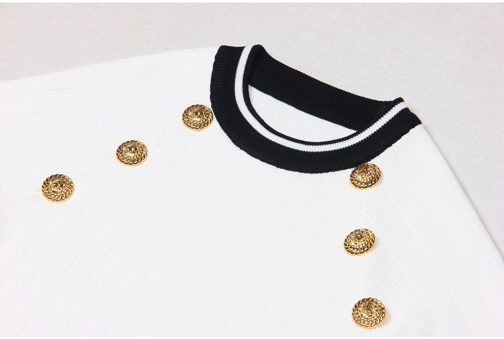 Raven Dress - Bodycon Silhouette - Nautical - Inspired Design - Stretch - Knit Sculpted Fit - Gold - Tone Embossed Buttons