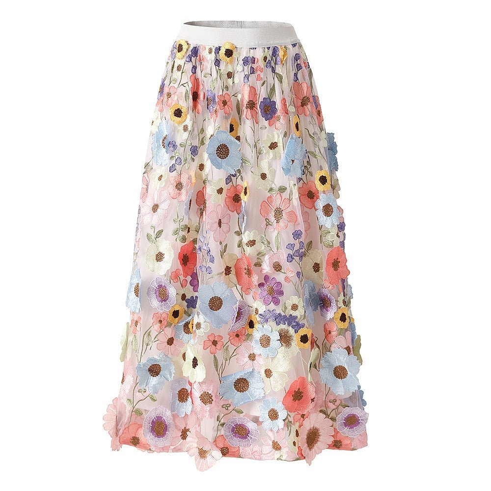 Raven Floral Embroidered A - Line Skirt - Flowing Drape - High - Waisted Fit - Delicate Details - Bohemian Elegance