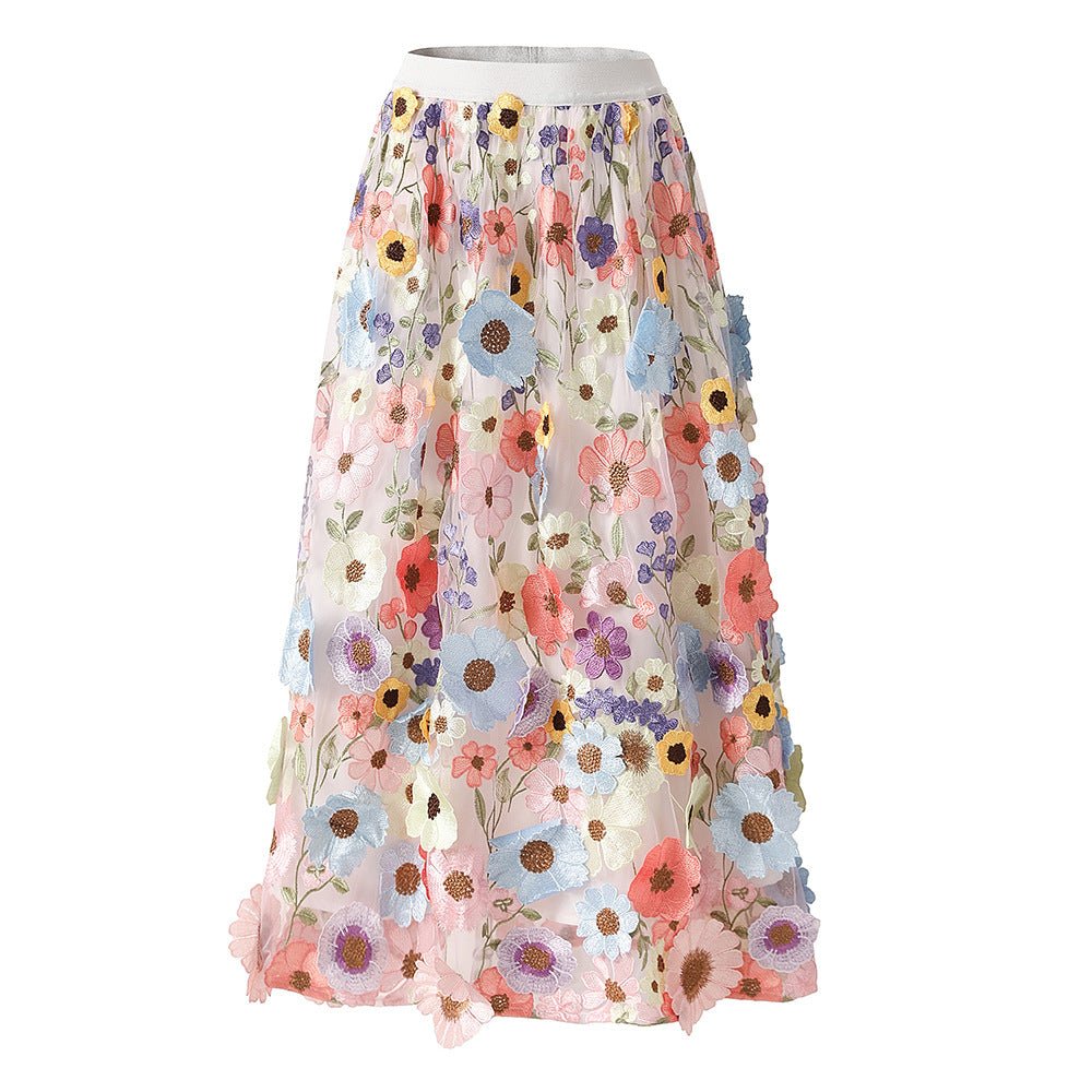 Raven Floral Embroidered A - Line Skirt - Flowing Drape - High - Waisted Fit - Delicate Details - Bohemian Elegance