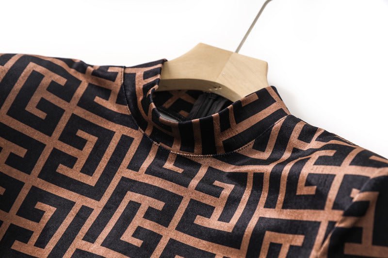 Raven Form - Fitting Long Sleeve Top - Geometric Logo Print with High Neck and Zipper Closure