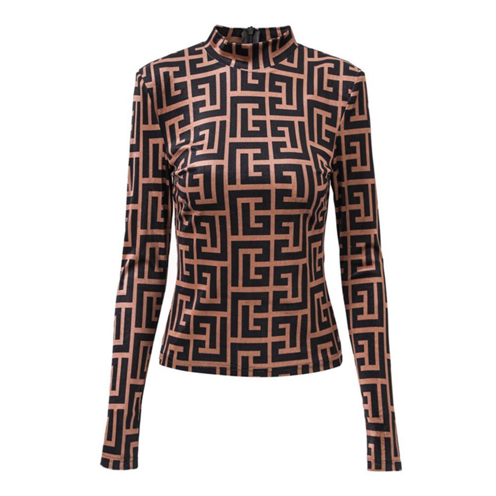 Raven Form - Fitting Long Sleeve Top - Geometric Logo Print with High Neck and Zipper Closure
