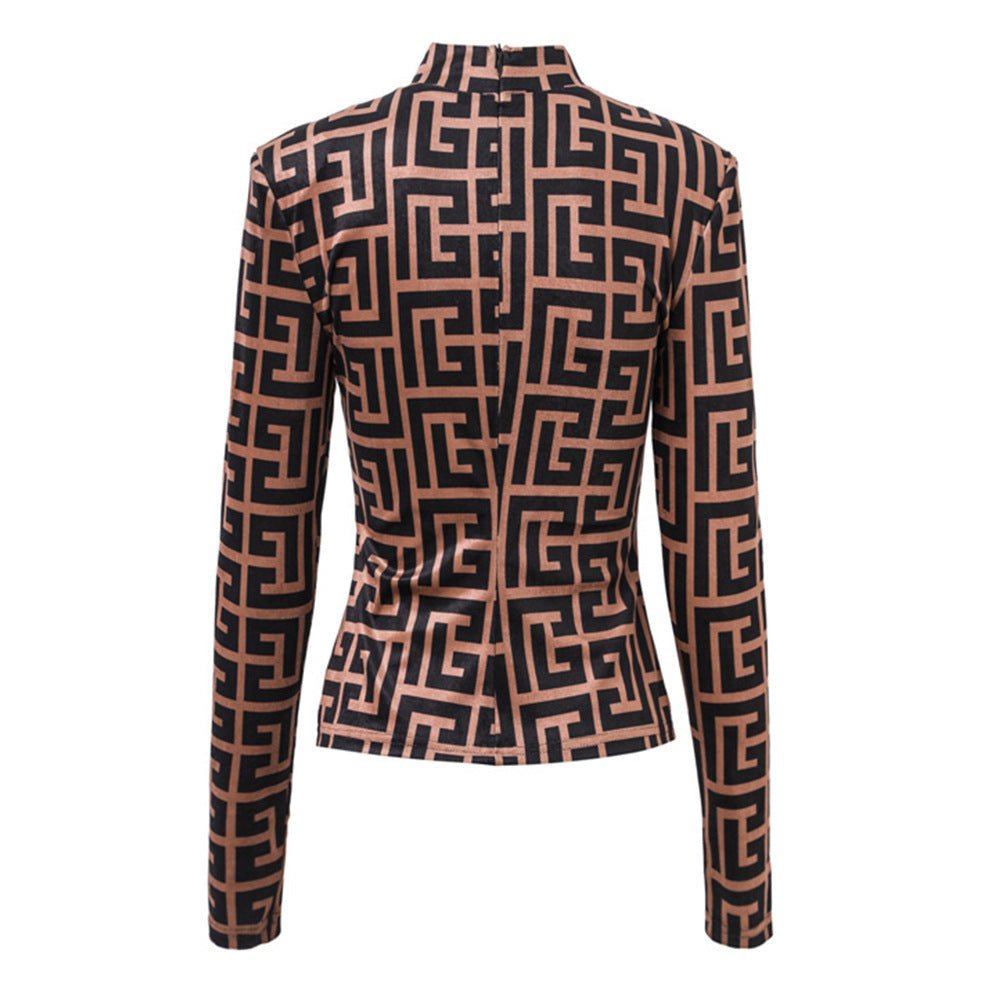 Raven Form - Fitting Long Sleeve Top - Geometric Logo Print with High Neck and Zipper Closure