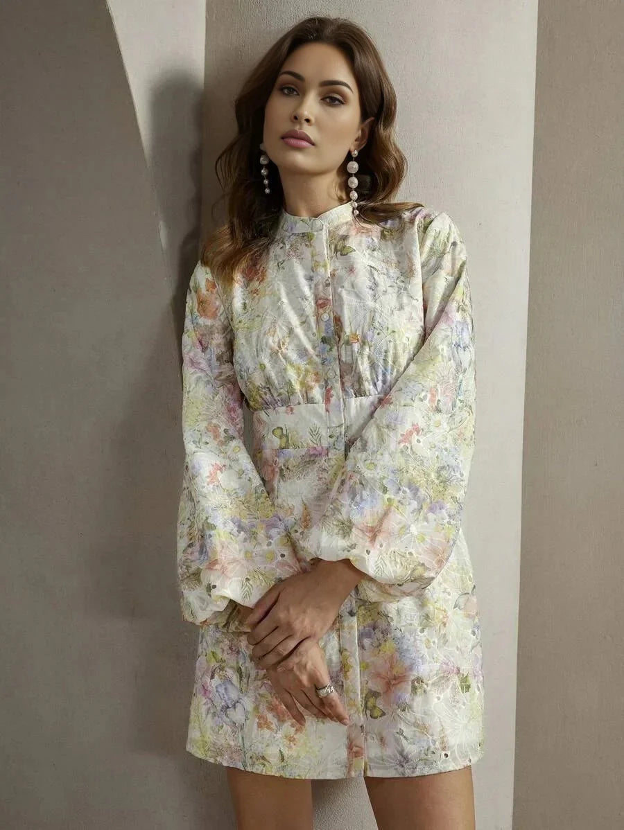This enchanting floral dress features a delicate pastel palette with shades of purple, pink, and green, perfect for.