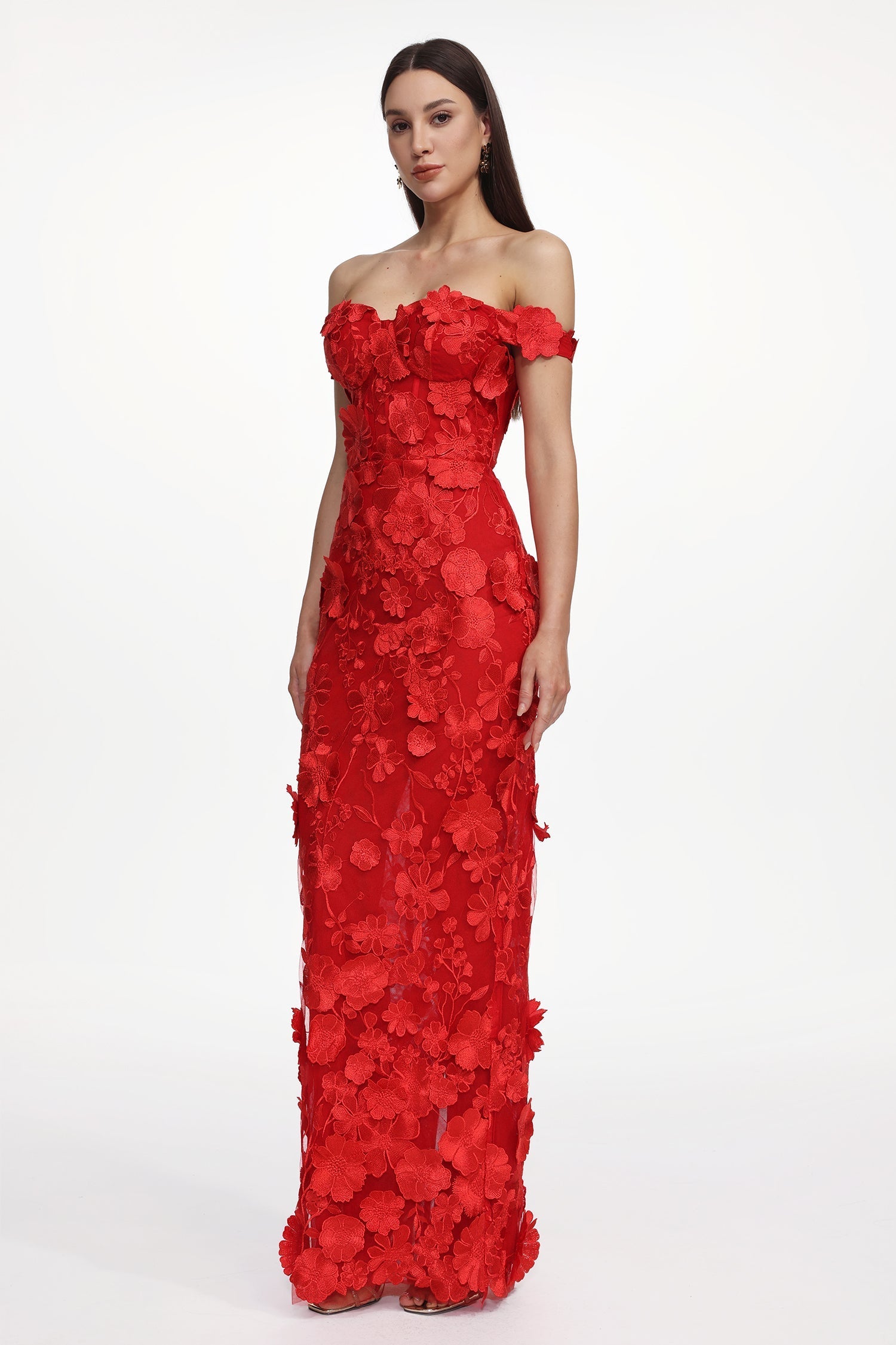 Raven Red Floral Embroidered Off-Shoulder Maxi Dress