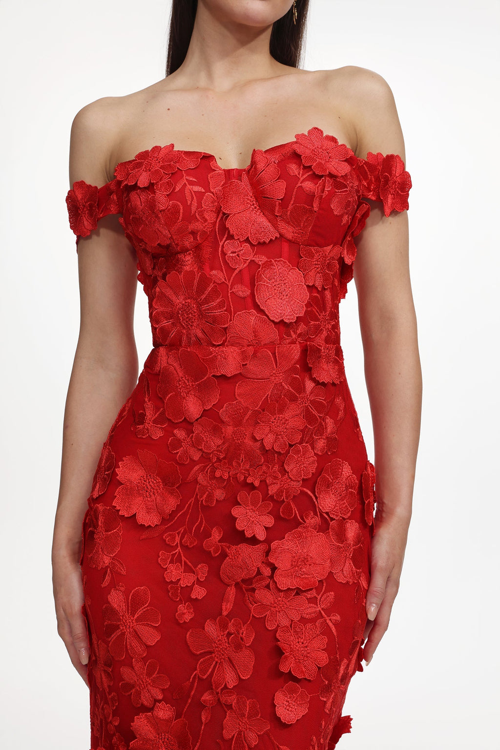 Raven Red Floral Embroidered Off-Shoulder Maxi Dress
