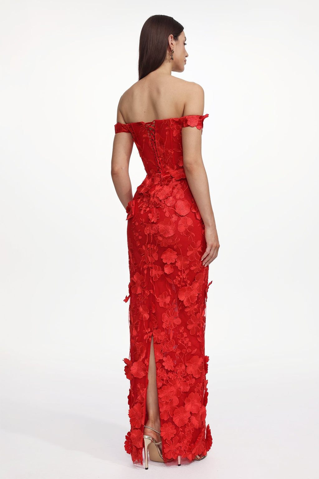 Raven Red Floral Embroidered Off-Shoulder Maxi Dress