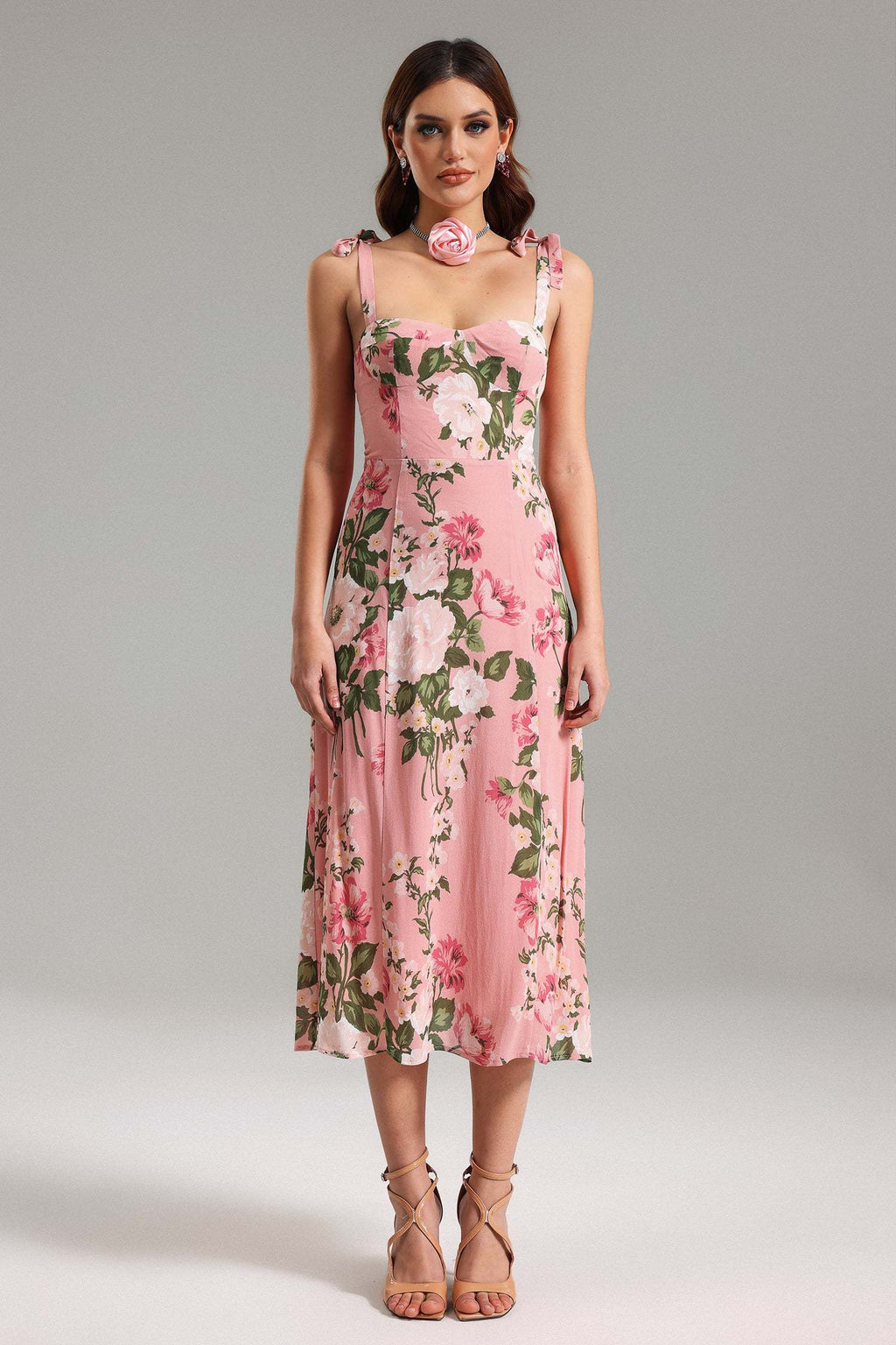 Reagan Pink Floral Midi Dress with Delicate Straps and Bows