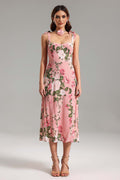 Reagan Pink Floral Midi Dress with Delicate Straps and Bows