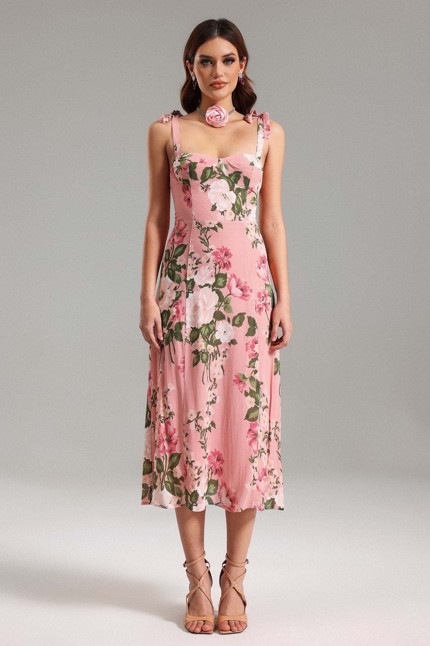 Reagan Pink Floral Midi Dress with Delicate Straps and Bows