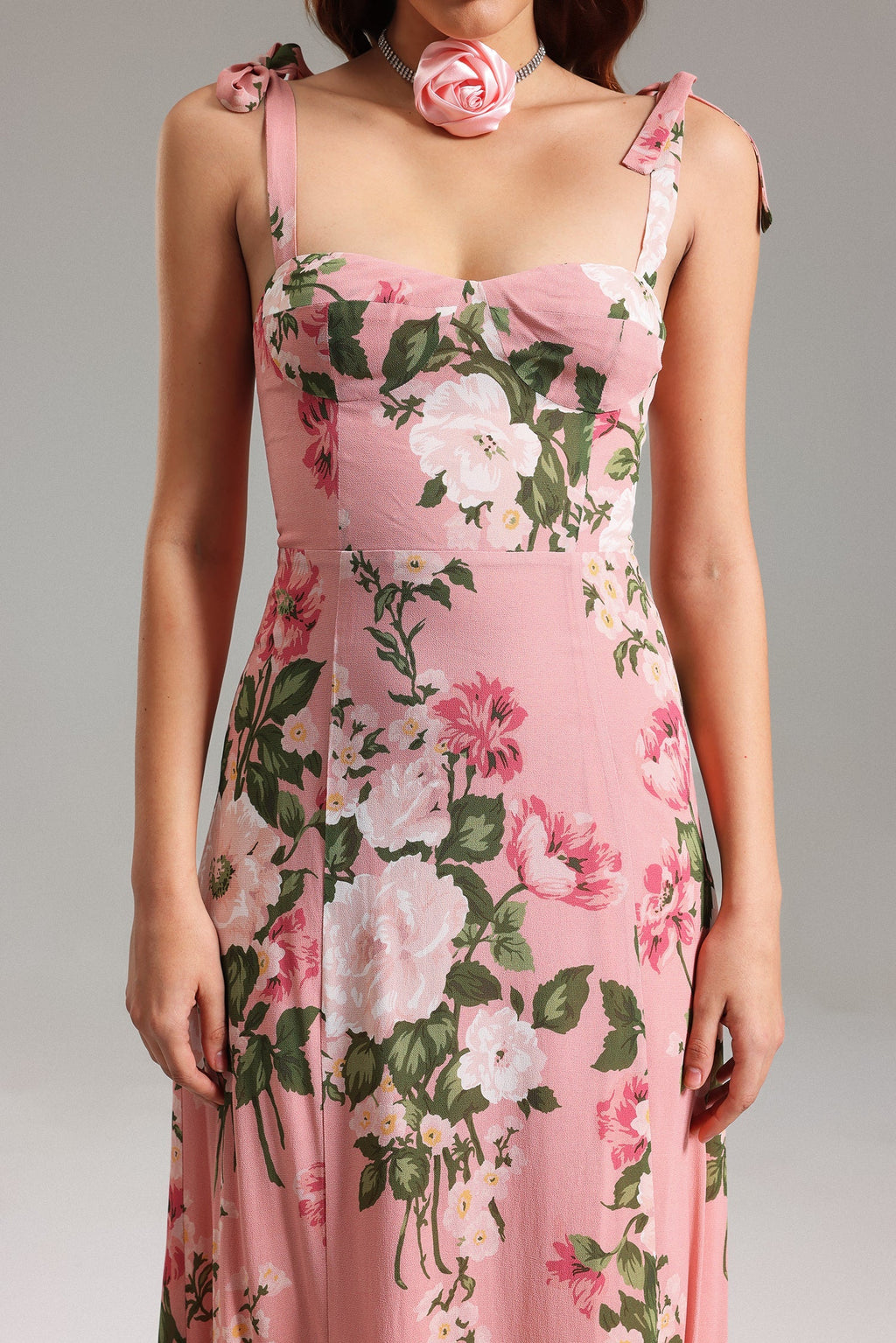 Reagan Pink Floral Midi Dress with Bow Straps