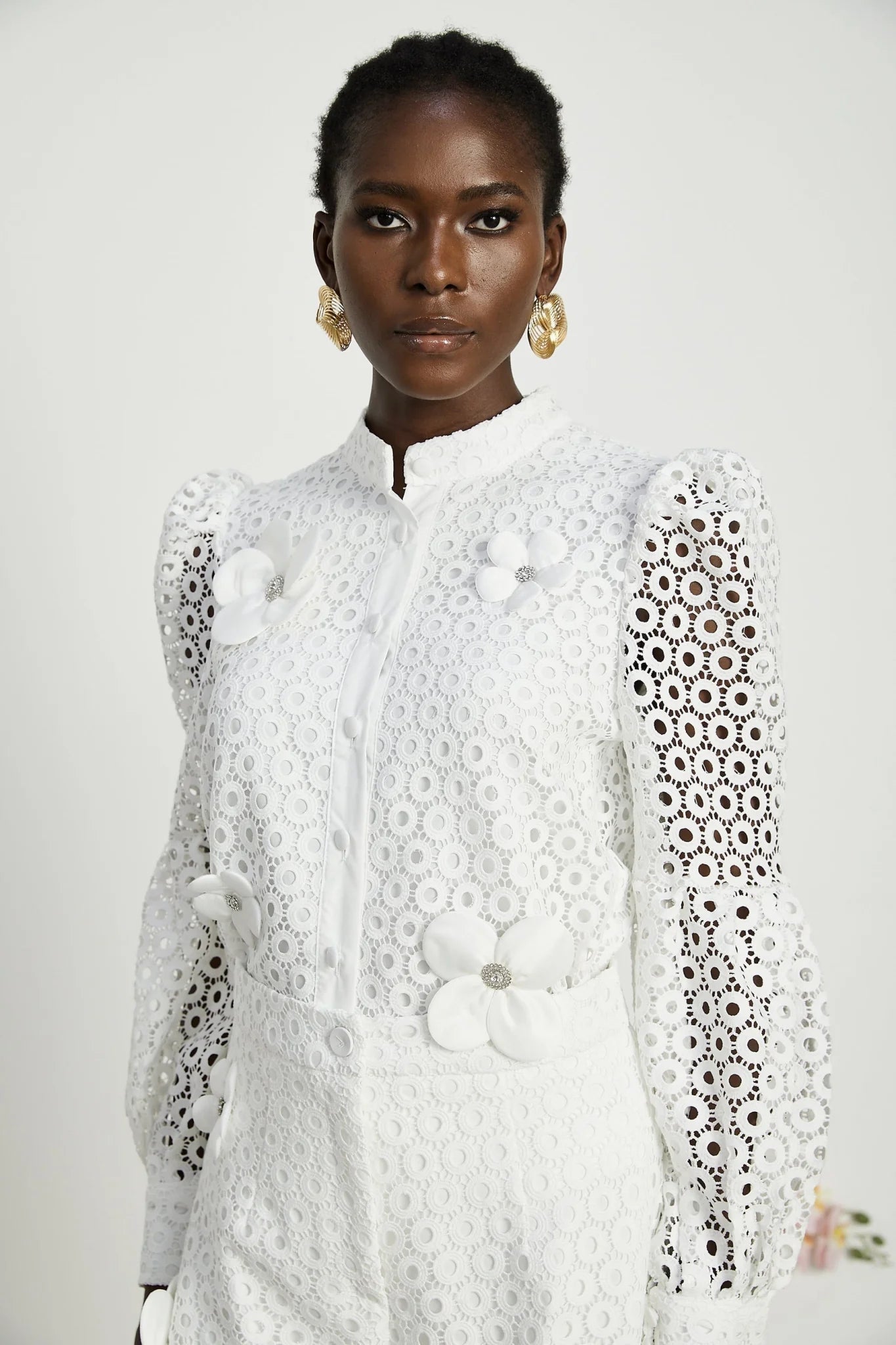 Rebecca Blouse & Shorts White Faux Flower Crystal Set
