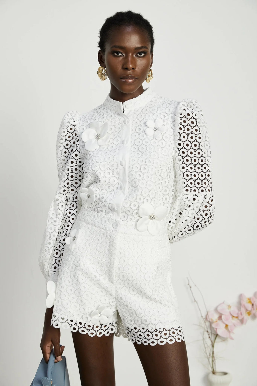 Rebecca Blouse & Shorts White Faux Flower Crystal Set