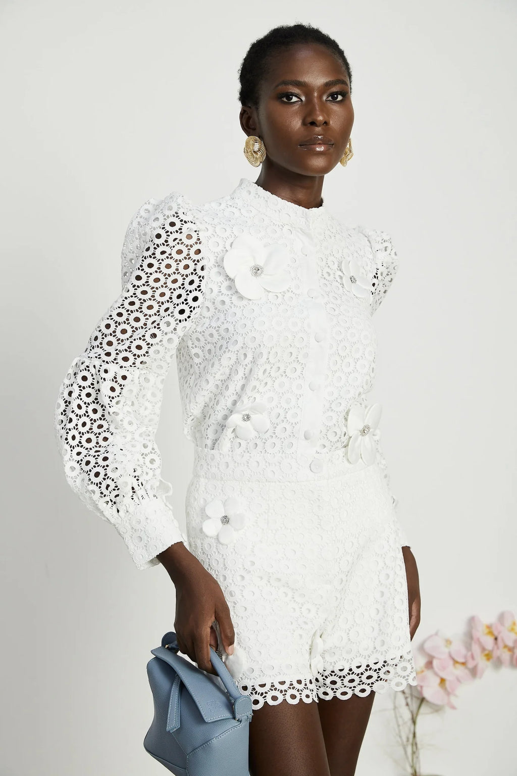 Rebecca Blouse & Shorts White Faux Flower Crystal Set