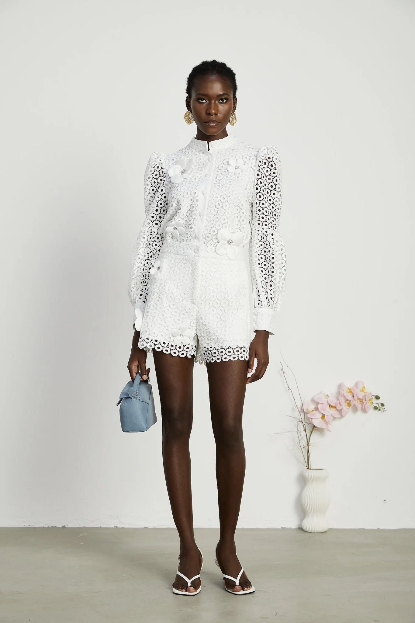Rebecca Blouse & Shorts White Faux Flower Crystal Set