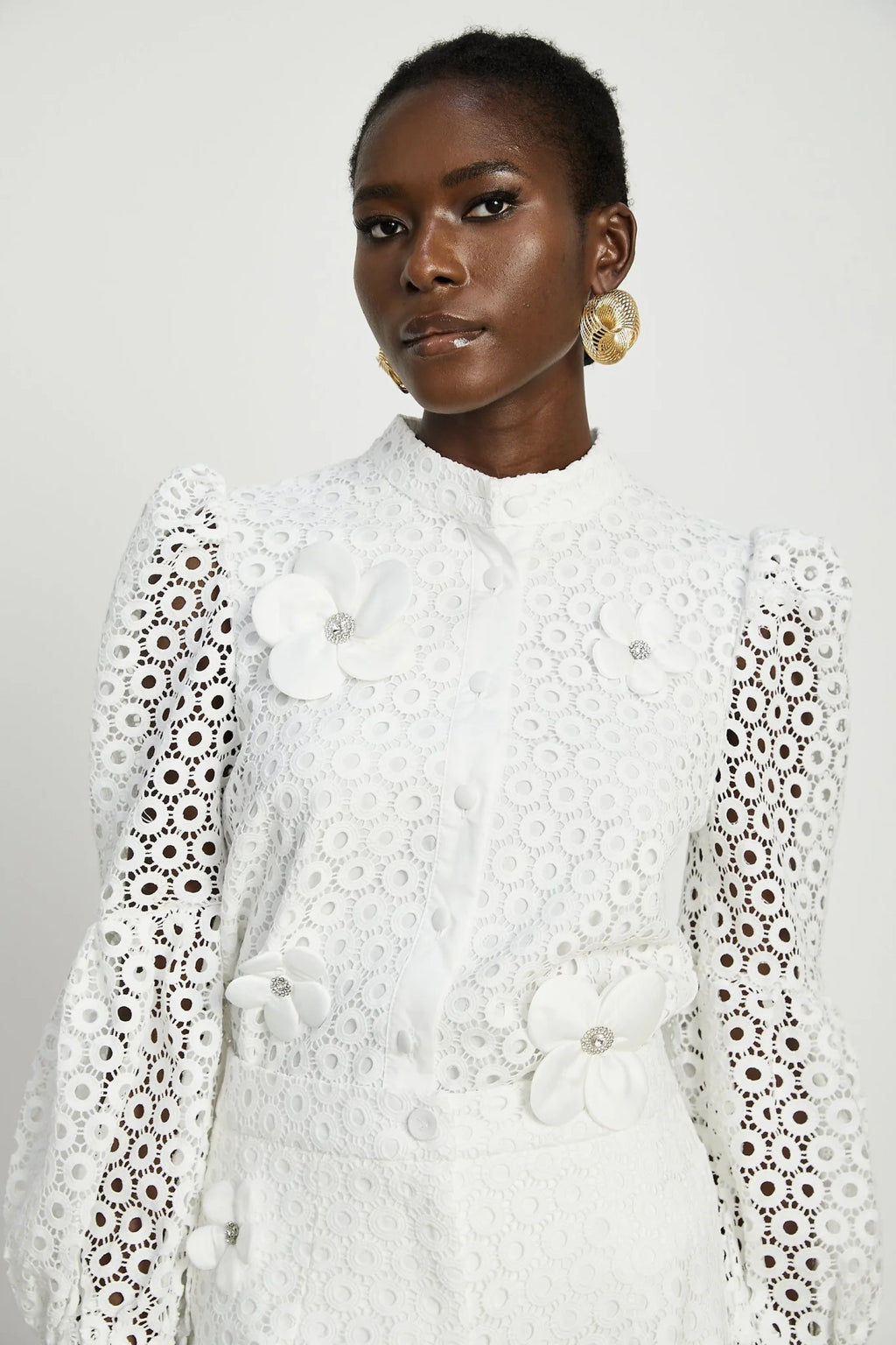 Rebecca Blouse & Shorts White Faux Flower Crystal Set