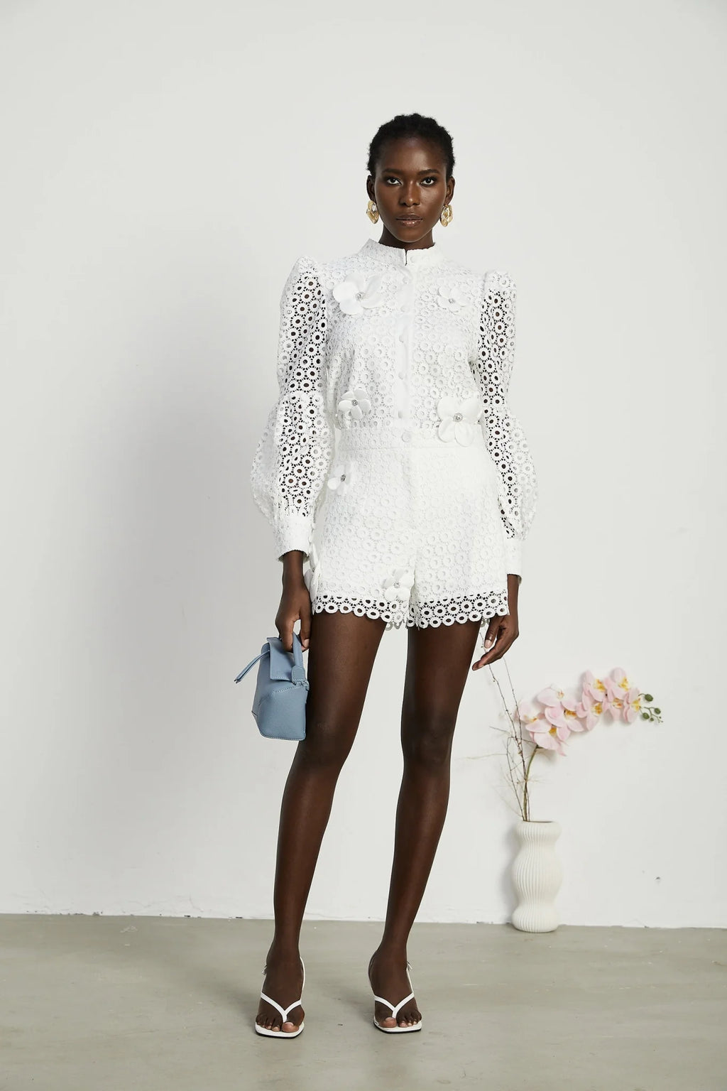 Rebecca Blouse & Shorts White Faux Flower Crystal Set