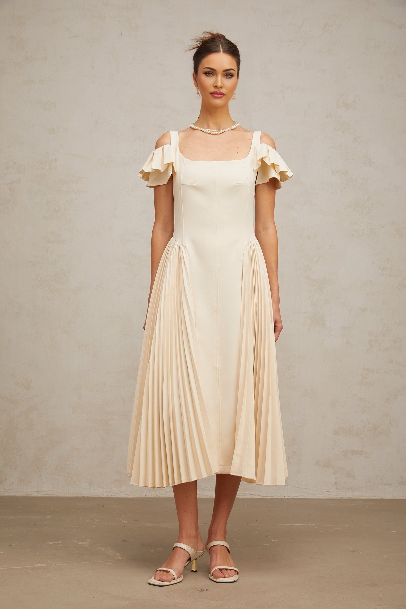 Rebecca Flutter Sleeve Pleated Midi Dress