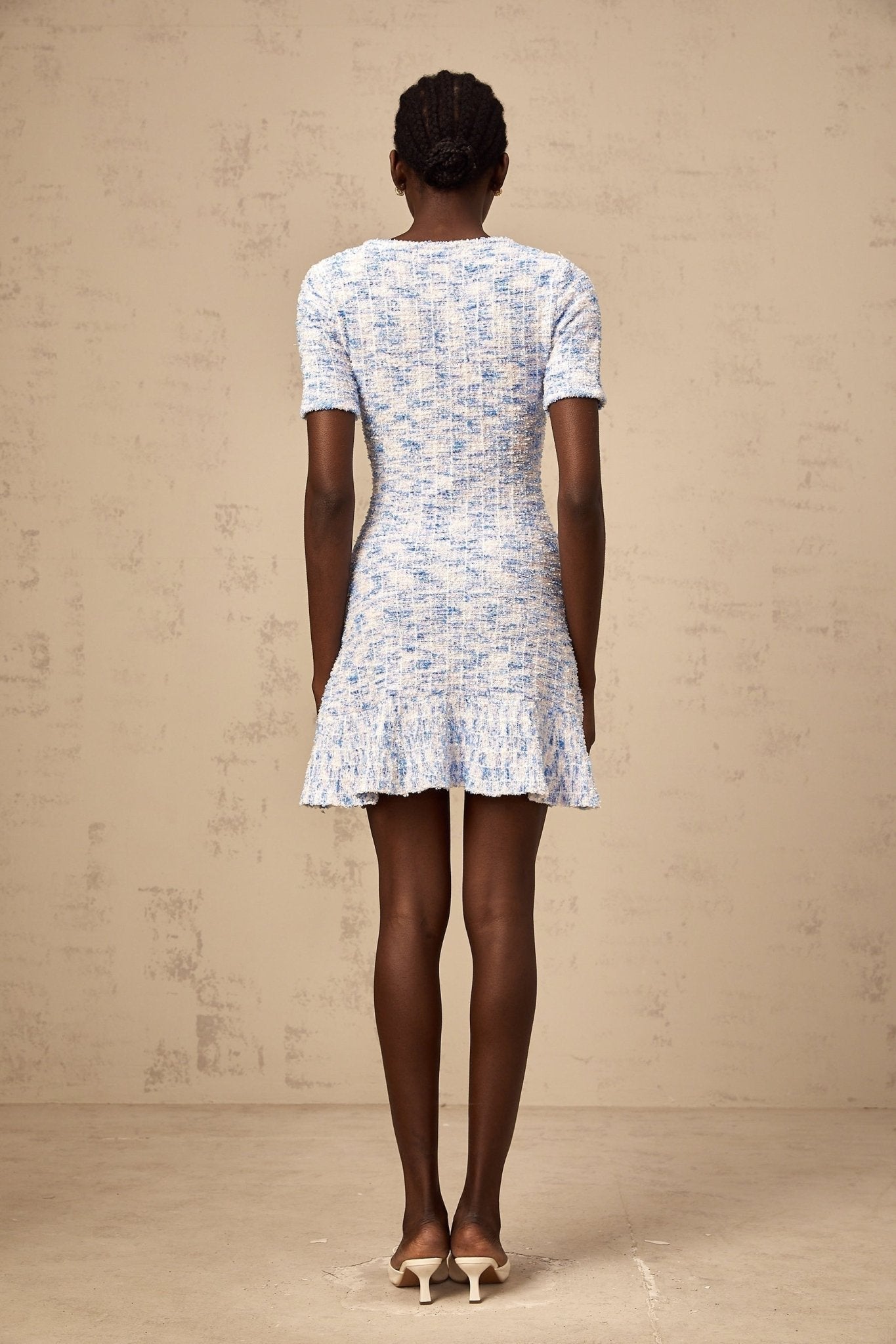 Rebecca Mini Dress Blue White Check Crystal Bow Hem & Pockets