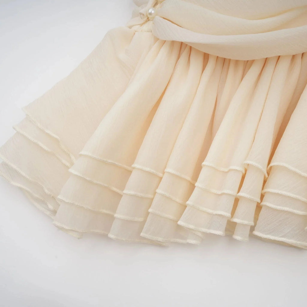 Rebecca Mini Dress White Halter - neck Faux - Pearl Tiered Open - Back