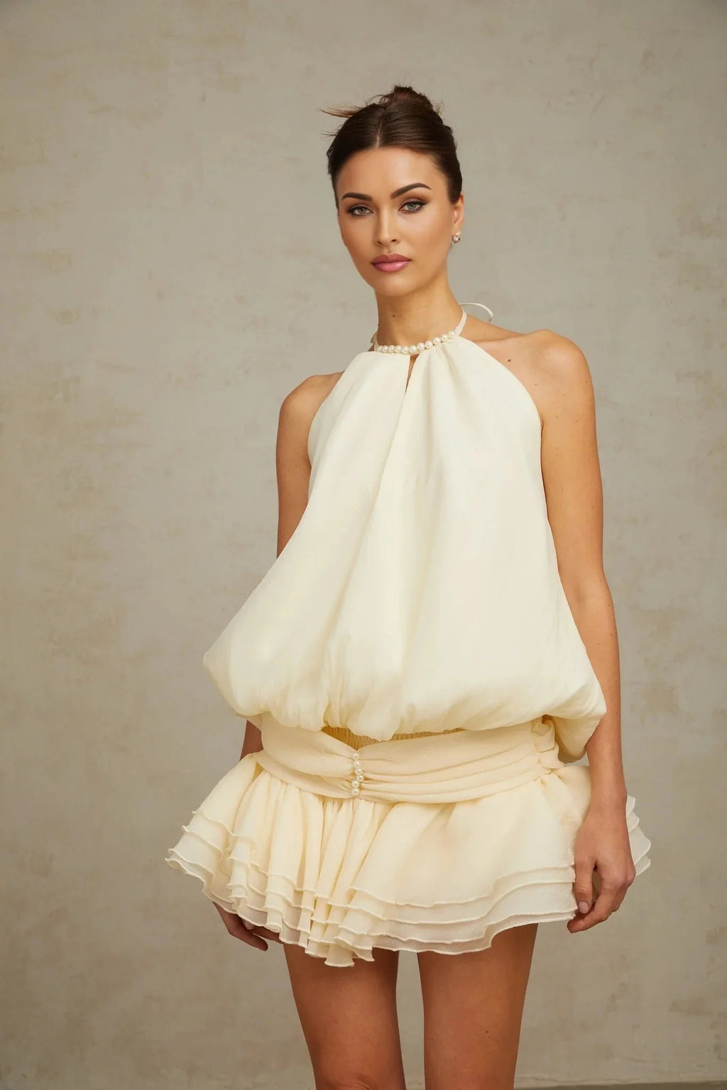 Rebecca Mini Dress White Halter - neck Faux - Pearl Tiered Open - Back