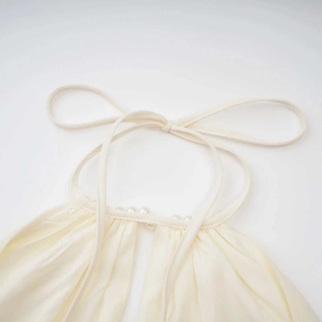 Rebecca Mini Dress White Halter - neck Faux - Pearl Tiered Open - Back