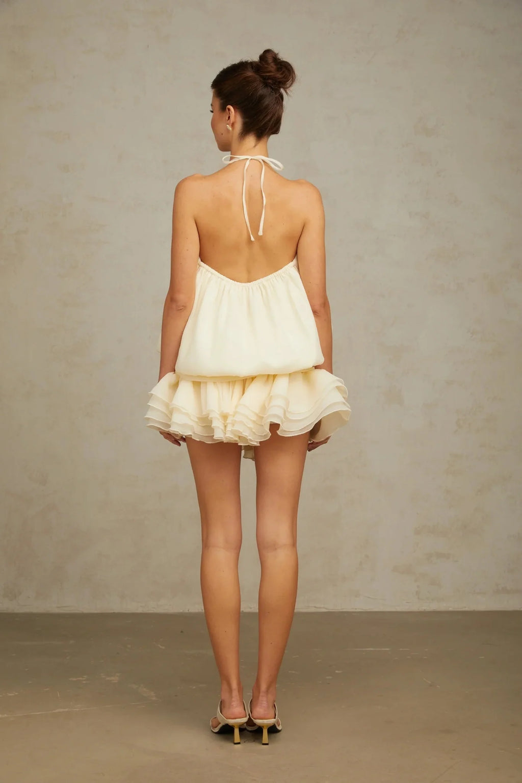 Rebecca Mini Dress White Halter - neck Faux - Pearl Tiered Open - Back