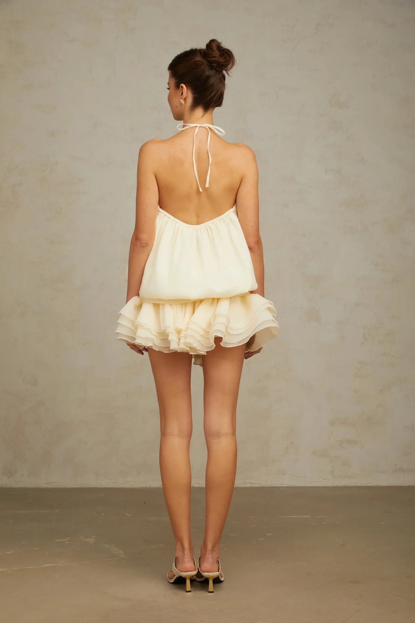 Rebecca Mini Dress White Halter - neck Faux - Pearl Tiered Open - Back