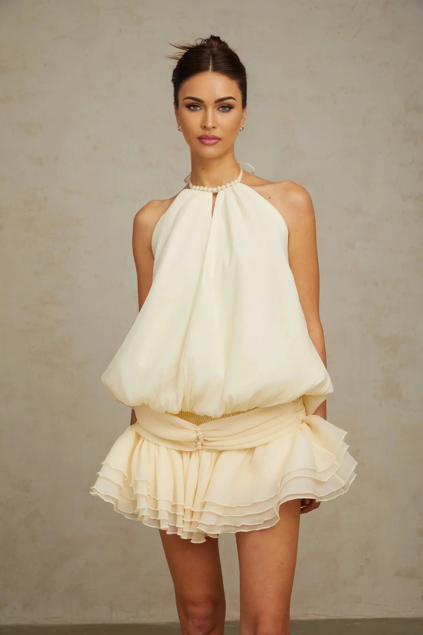 Rebecca Mini Dress White Halter - neck Faux - Pearl Tiered Open - Back