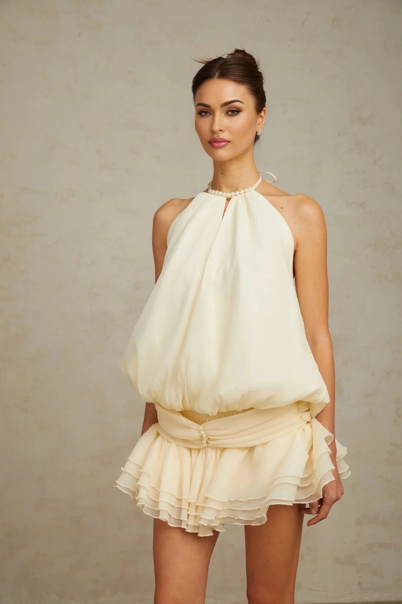 Rebecca Mini Dress White Halter - neck Faux - Pearl Tiered Open - Back