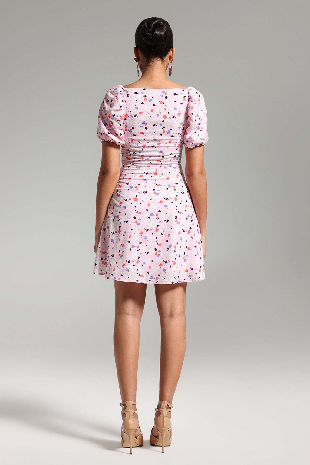 Rebecca Pink Floral Mini Dress Sweetheart Neckline Puff Sleeves Bow Detail
