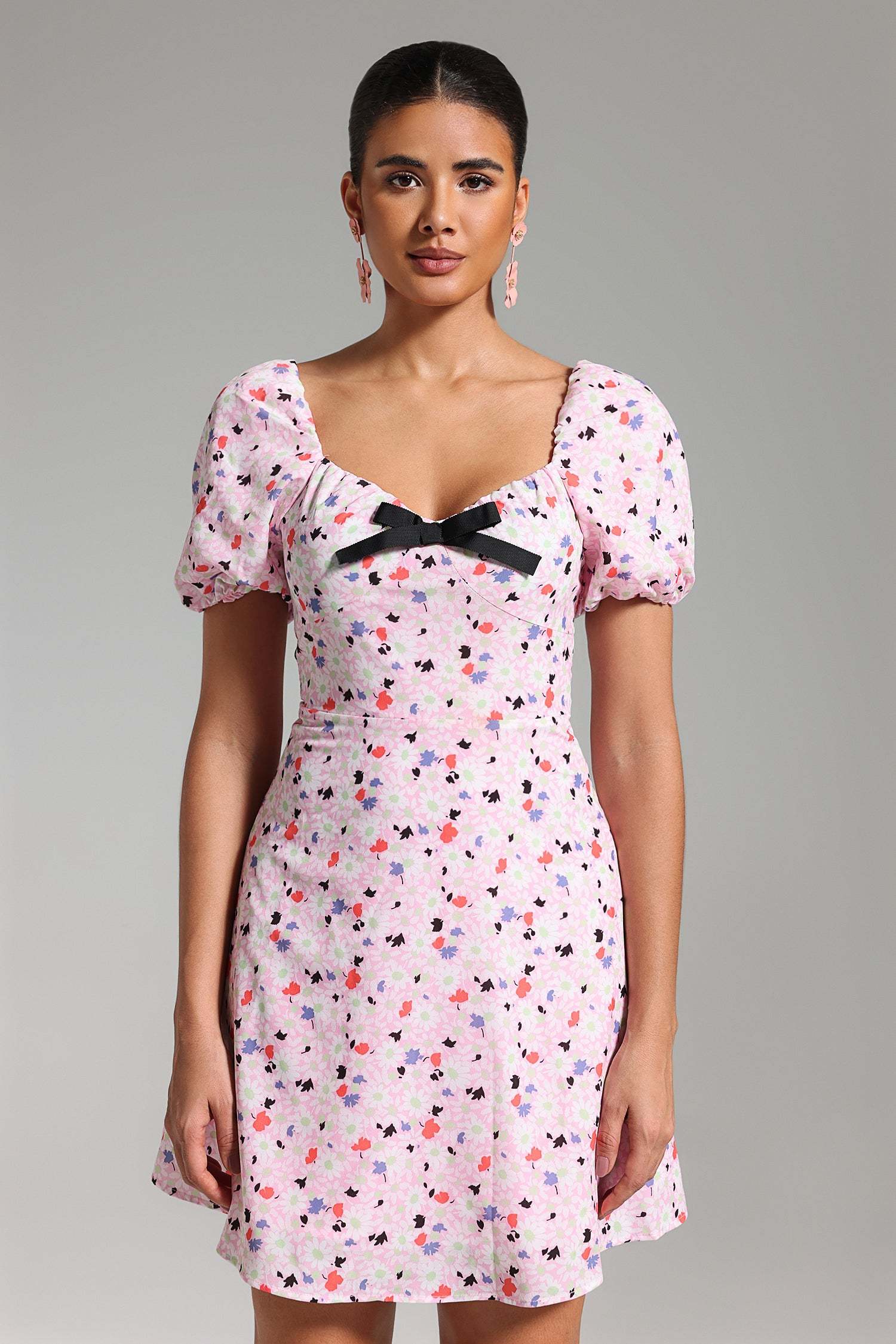 Rebecca Pink Floral Mini Dress with Sweetheart Neckline and Puff Sleeves